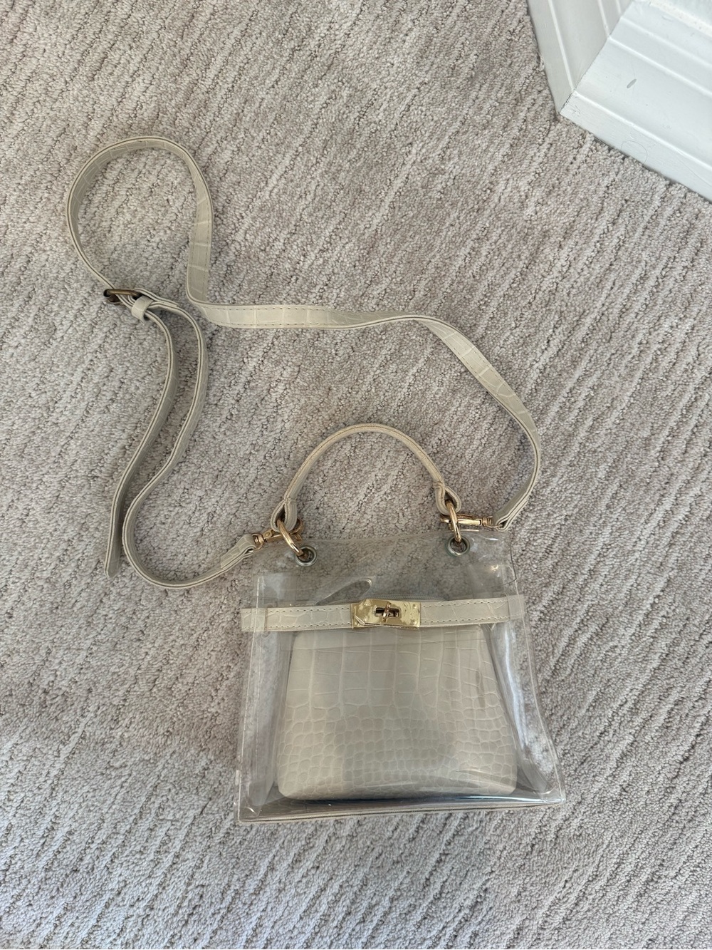 Cream Clear Crossbody Bag with Croc-Embossed Inner Pouch and Gold Hardware